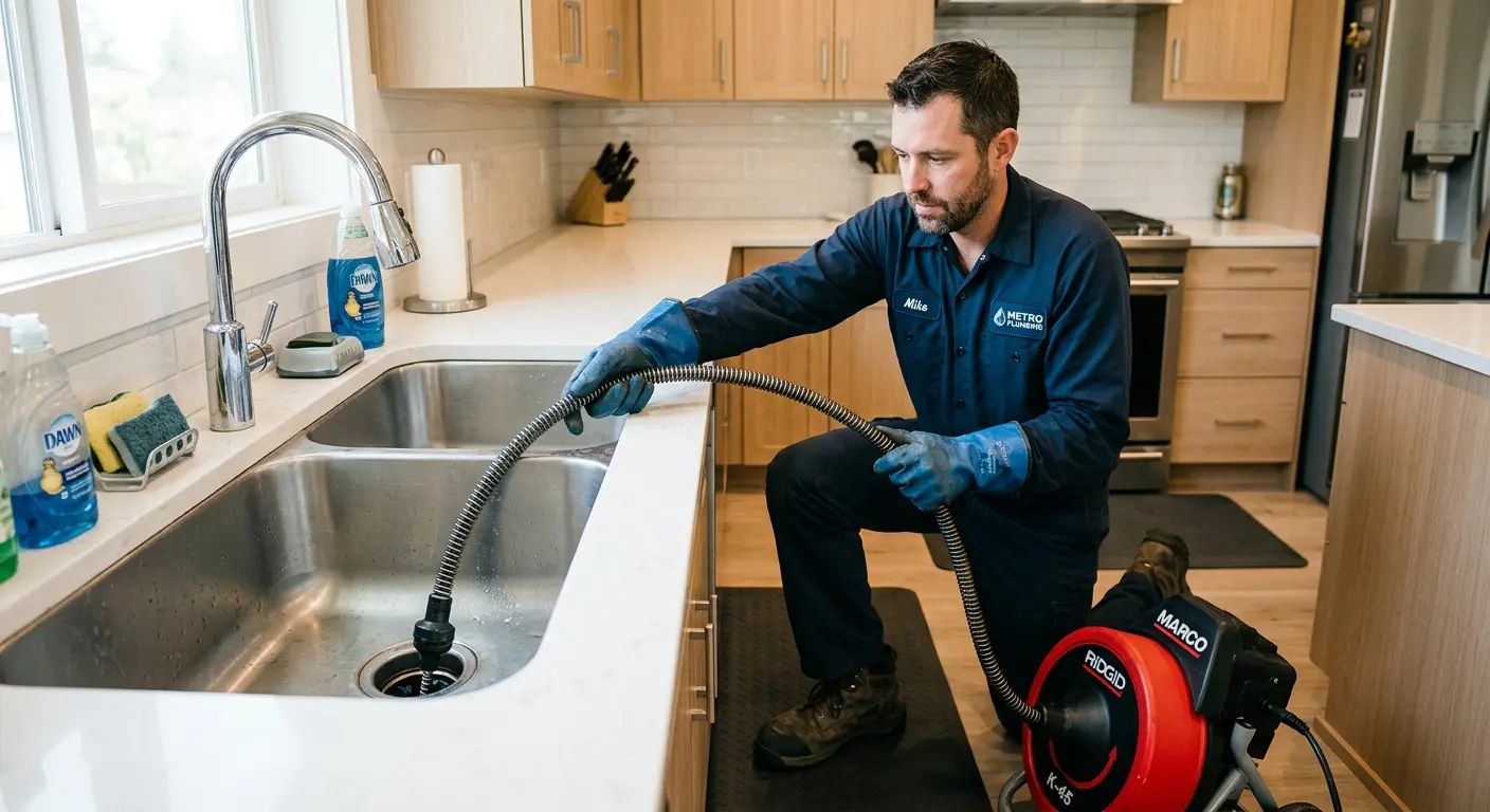 Drain cleaning technician using a motorized snake on a kitchen sink in Shallotte