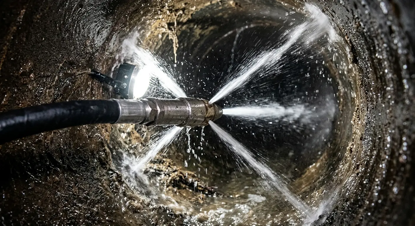 High-pressure hydro jetting nozzle cleaning sewer pipe for Emergency Drain Service in Shallotte