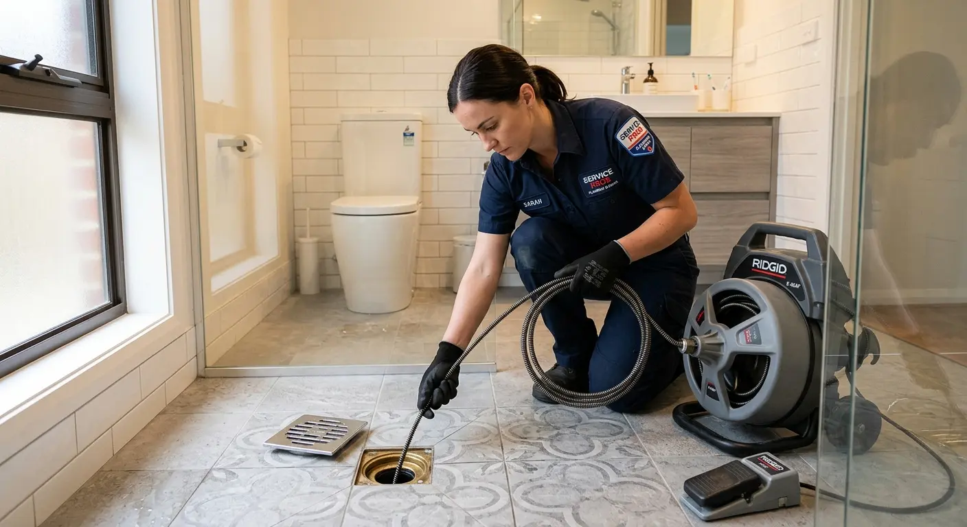 Technician clearing a bathroom floor drain for Sewer Line Installation in Shallotte